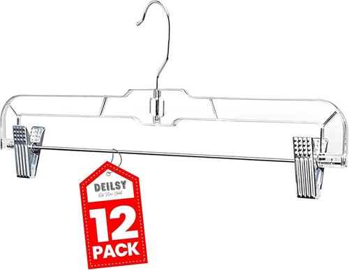 DEILSY™ Skirt Hangers - Non-Slip Clips for Pants & Shorts - Clear Plastic, Pack of 12