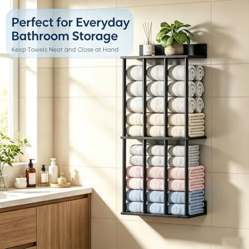 Modern Black 3-Tier Wall Mounted Towel Rack with Wooden Shelf - Bathroom Organizer