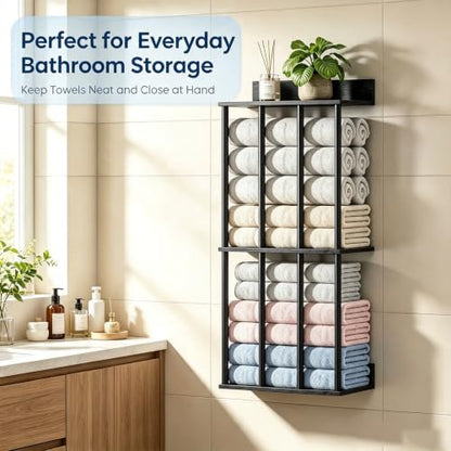 Modern Black 3-Tier Wall Mounted Towel Rack with Wooden Shelf - Bathroom Organizer