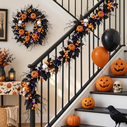 20-Inch Halloween Wreath with Purple LED Lights for Front Door - Spooky Outdoor Decor