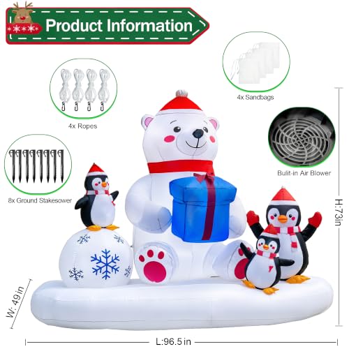 Polar Bear & Penguins Inflatable Christmas Yard Decoration - 8 Ft Lighted Outdoor Holiday Scene