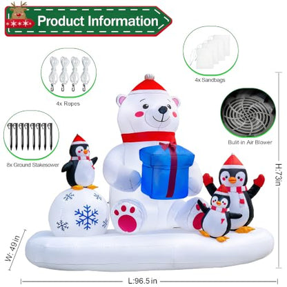 Polar Bear & Penguins Inflatable Christmas Yard Decoration - 8 Ft Lighted Outdoor Holiday Scene
