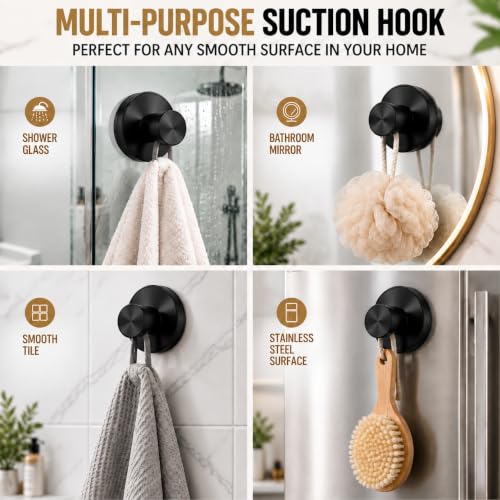 Black Suction Cup Hooks for Shower Bathroom 4-Pack - No Drill, Reusable