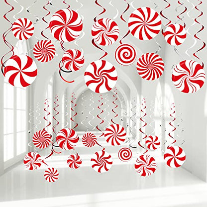 Christmas Peppermint Candy Hanging Decorations - Red & White Streamers, 54 Pcs Holiday Party Decor