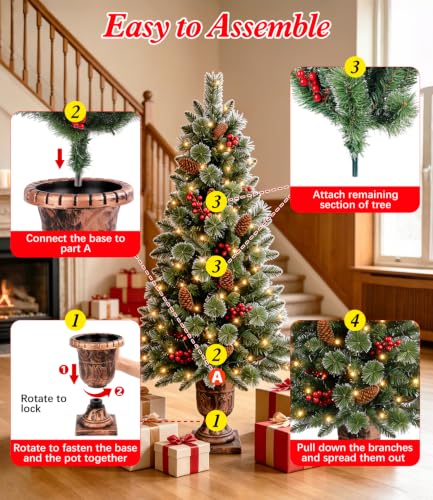 4ft Pre-Lit Artificial Christmas Tree with Snow, Gold Pot Base, Pine Cones