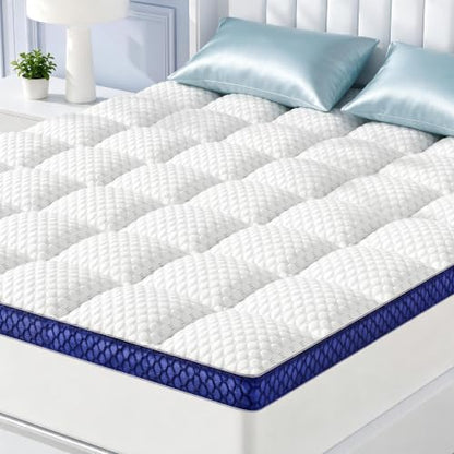 King Mattress Topper Pillow Top Bed Cover 2 Inch - White-Blue