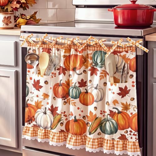 Thanksgiving Fall Oven Skirt Curtain with Pockets - Pumpkin Maple Leaf Variation