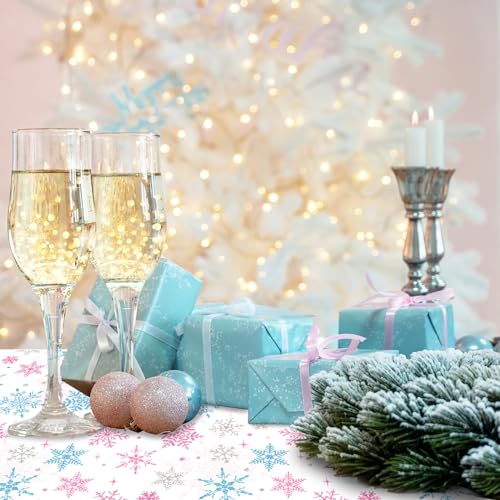 Christmas Snowflake Tablecloth Set - Pink & Blue Winter Holiday Decor, 54 x 108 Inch, 3 Pieces