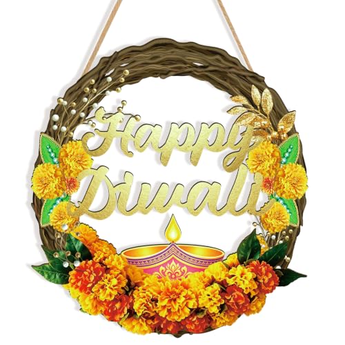 Diwali Wreath - Wooden Happy Diwali Decoration for Front Door & Wall, 13x11.4 Inches
