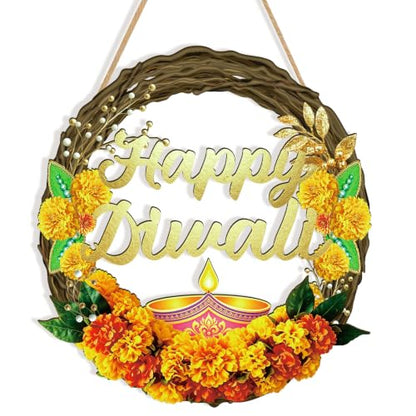 Diwali Wreath - Wooden Happy Diwali Decoration for Front Door & Wall, 13x11.4 Inches