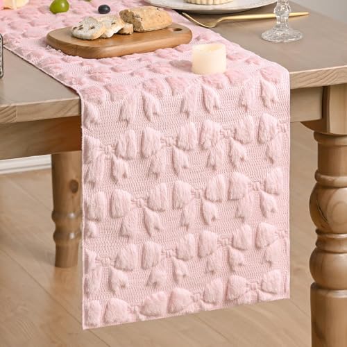 Pink Faux Fur Jacquard Bows Table Runner 13x72 Inch Valentine Home Decor