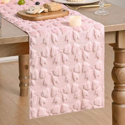 Pink Faux Fur Jacquard Bows Table Runner 13x72 Inch Valentine Home Decor