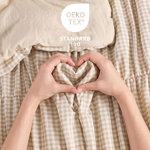 Ash Tan Gingham Queen Comforter Set - 3 Piece Ruched Bedding