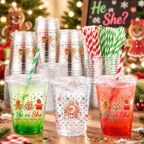 50 Colorful Baby Shower Plastic Cups with Lids & Straws - Gender Reveal Set