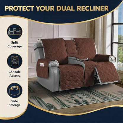 Coffee Waterproof Loveseat Recliner Cover with Center Console and Straps - 2 Seater