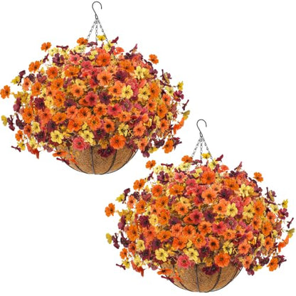 Fall Artificial Flower Baskets with Hanging Chains - 4-Color Autumn Decor Set
