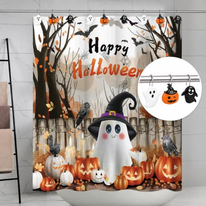 Halloween Ghost Pumpkin Shower Curtain Hooks Set - Spooky Bathroom Decor, Rustproof Metal Hangers, 12 Pieces