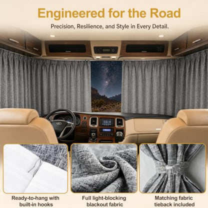 Grey RV Windshield Curtain Set 2 Pieces Blackout Privacy Window Cover with Tiebacks, Thick Linen Fabric, Easy Install