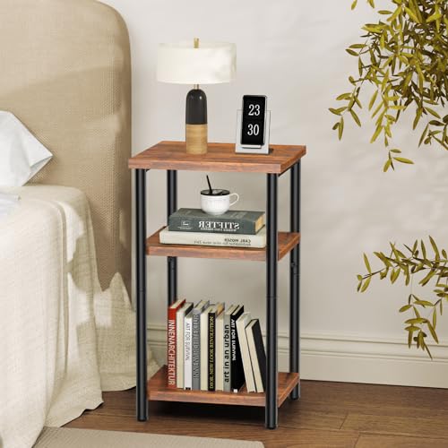 Rustic Brown Small End Table with 3 Shelves - Compact Nightstand for Small Spaces - 1 Pack