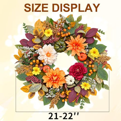 Fall Wreath for Front Door - 22 Inch Autumn Decor with Dahlia & Pumpkin - Flower Variation