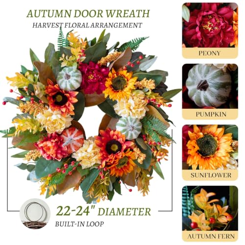 Harvest Fall Wreath for Front Door 24 Inch Autumn Magnolia Decor