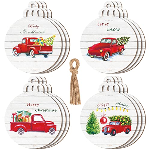 Retro 12 Pack Christmas Red Truck Wooden Tree Ornaments - Buffalo Plaid