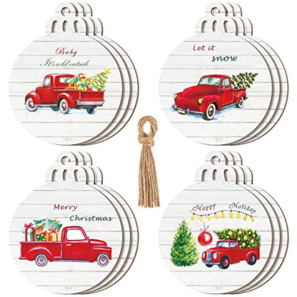 Retro 12 Pack Christmas Red Truck Wooden Tree Ornaments - Buffalo Plaid
