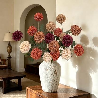 Artificial Fall Flowers 27Inch Faux Pompon Mums - Mixed Colors, Set of 6