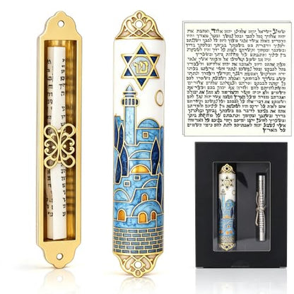 Enamel Mezuzah with Scroll for Door Jerusalem Skyline Relief Design