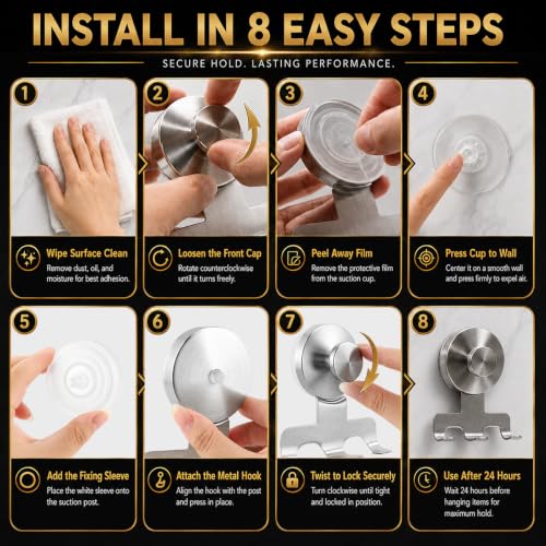 Heavy-Duty Shower Razor Holder Suction Cup Hooks - Brushed Silver, 2 Pack