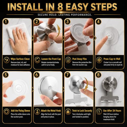 Heavy-Duty Shower Razor Holder Suction Cup Hooks - Brushed Silver, 2 Pack