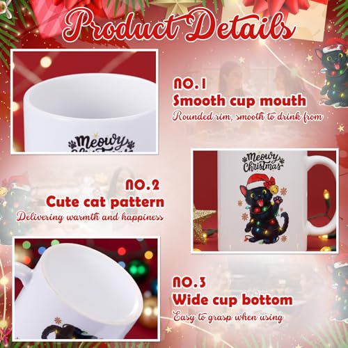 Christmas Black Cat Coffee Mug Set - 11oz Ceramic Cups for Holiday Gift
