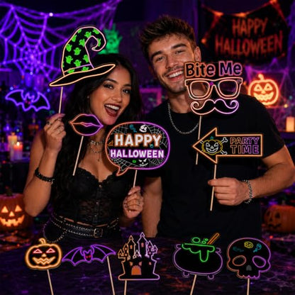 Neon Halloween Photo Booth Props Set - 16 Vivid Fluorescent Party Decorations
