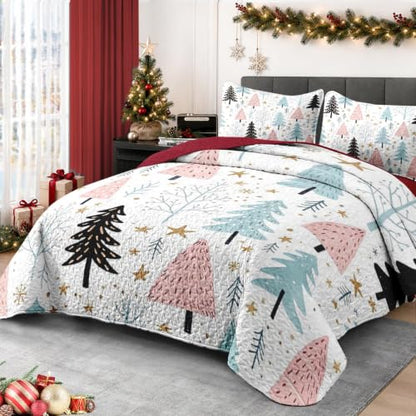 Queen Christmas Quilt Set with Tree Forest Pattern - 3 Piece Bedspread and Shams