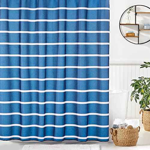 mDesign Fabric Shower Curtain, Machine Washable, Quality Reinforced Buttonholes for Bathroom, Guest Bath, Stalls, Tubs - Modern Simple Stripes Design - White/Dress Blues
