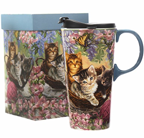 17oz Ceramic Travel Coffee Mug with Lid - Flower and Cat Design