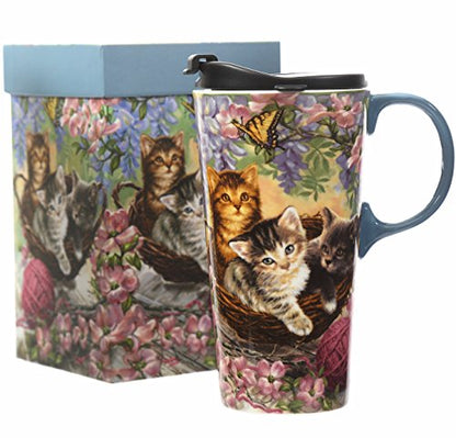 17oz Ceramic Travel Coffee Mug with Lid - Flower and Cat Design