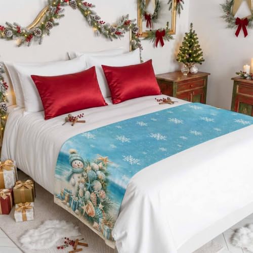 Queen Size Coastal Beach Bed Runner with Christmas Tree Starfish Decor - 83x20 Inches Blue Yellow
