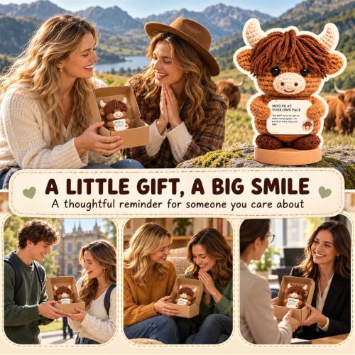 Positive Highland Cow Crochet Support Animal with Wooden Base - Inspirational Desk Decor - Cow