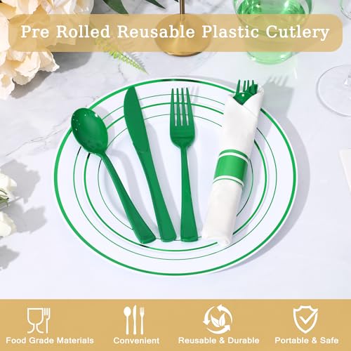 50 Pack Green Plastic Silverware Set with Napkins - Pre-Rolled Disposable Utensils