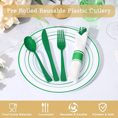 50 Pack Green Plastic Silverware Set with Napkins - Pre-Rolled Disposable Utensils