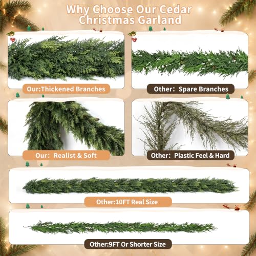 10FT Christmas Cedar Garland - Real Touch Faux Greenery Decor, Pack of 2