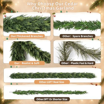 10FT Christmas Cedar Garland - Real Touch Faux Greenery Decor, Pack of 2