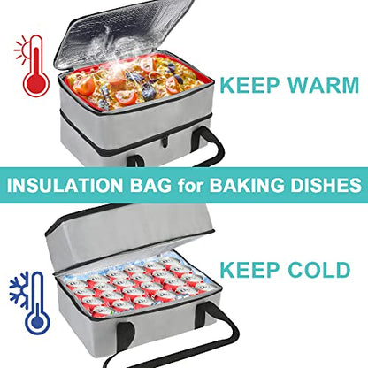 Bodaon Insulated Double Casserole Carrier Bag, Fits 9x13 and 11x15 Inch Baking Dish with Lid, Casserole Carriers for Hot or Cold Food for Transport (Grey)