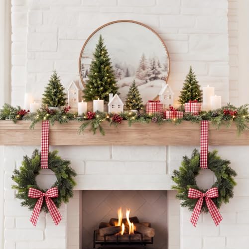 12 Pcs Mini Christmas Wreaths for Cabinets with Gingham Bow - Farmhouse Decor