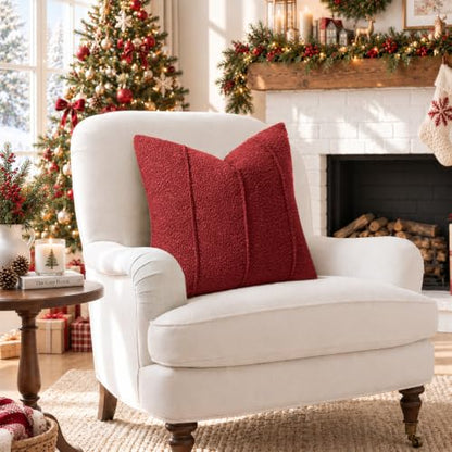 Christmas Red Boucle Pillow Covers Set of 2 - 24x24 Textured Holiday Decor
