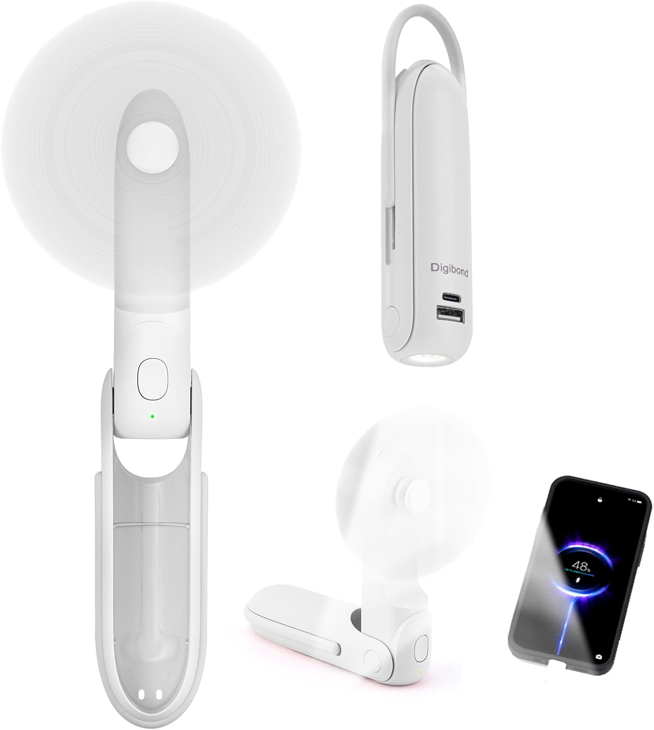 Skiennix Portable Handheld Fan - 6-in-1 Rechargeable Mini Fan with Flashlight & 3 Speeds | White