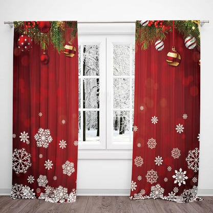 Snowflake Christmas Window Curtains 82x84 Inches - Holiday Decor for Bedroom & Living Room - 2 Panel