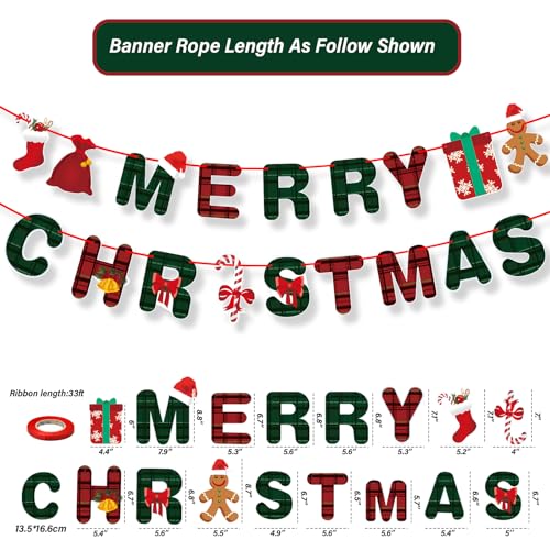 Christmas Banner Set with Gingerbread Socks Signs - Red & Green Holiday Paper Garland for Indoor Outdoor Decorations