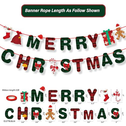 Christmas Banner Set with Gingerbread Socks Signs - Red & Green Holiday Paper Garland for Indoor Outdoor Decorations